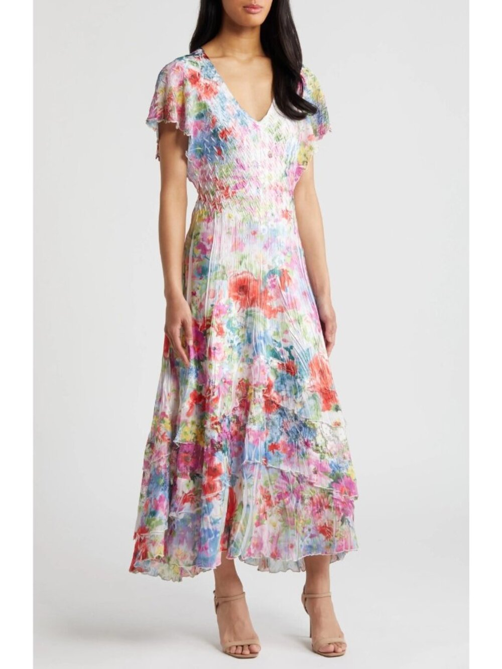 Komarov Women's Short Sleeve V-Neck Tiered Maxi Dress in Monet Floral Size S